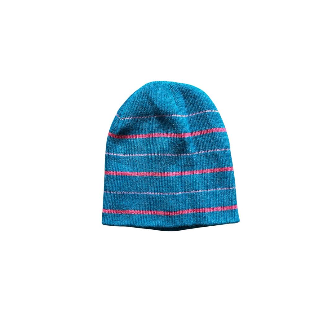 Gold Medal Knit Beanie Hat – Teal Blue with Pink/Purple Stripes, One Size, Y2K